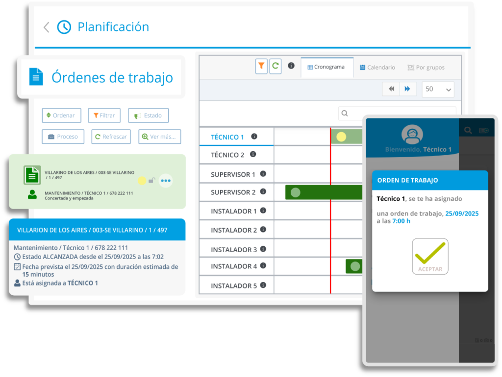 Software Field Service Management de Work&Track para planificación de técnicos y órdenes de trabajo.