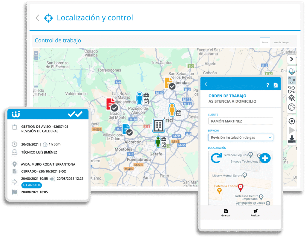 Funcionalidad de localización y control en tiempo real, despacho de órdenes de trabajo.