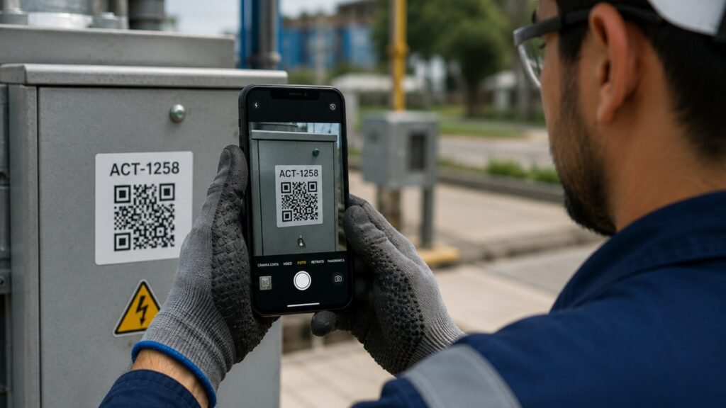 Técnico utilizando la aplicación móvil Work&Track Mobile para ejecutar un mantenimiento preventivo mediante checklist digital y registro de evidencias en campo.