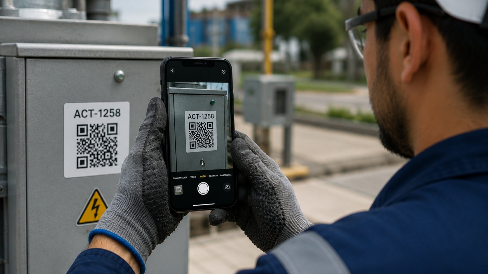 Técnico utilizando la aplicación móvil Work&Track Mobile para ejecutar un mantenimiento preventivo mediante checklist digital y registro de evidencias en campo.