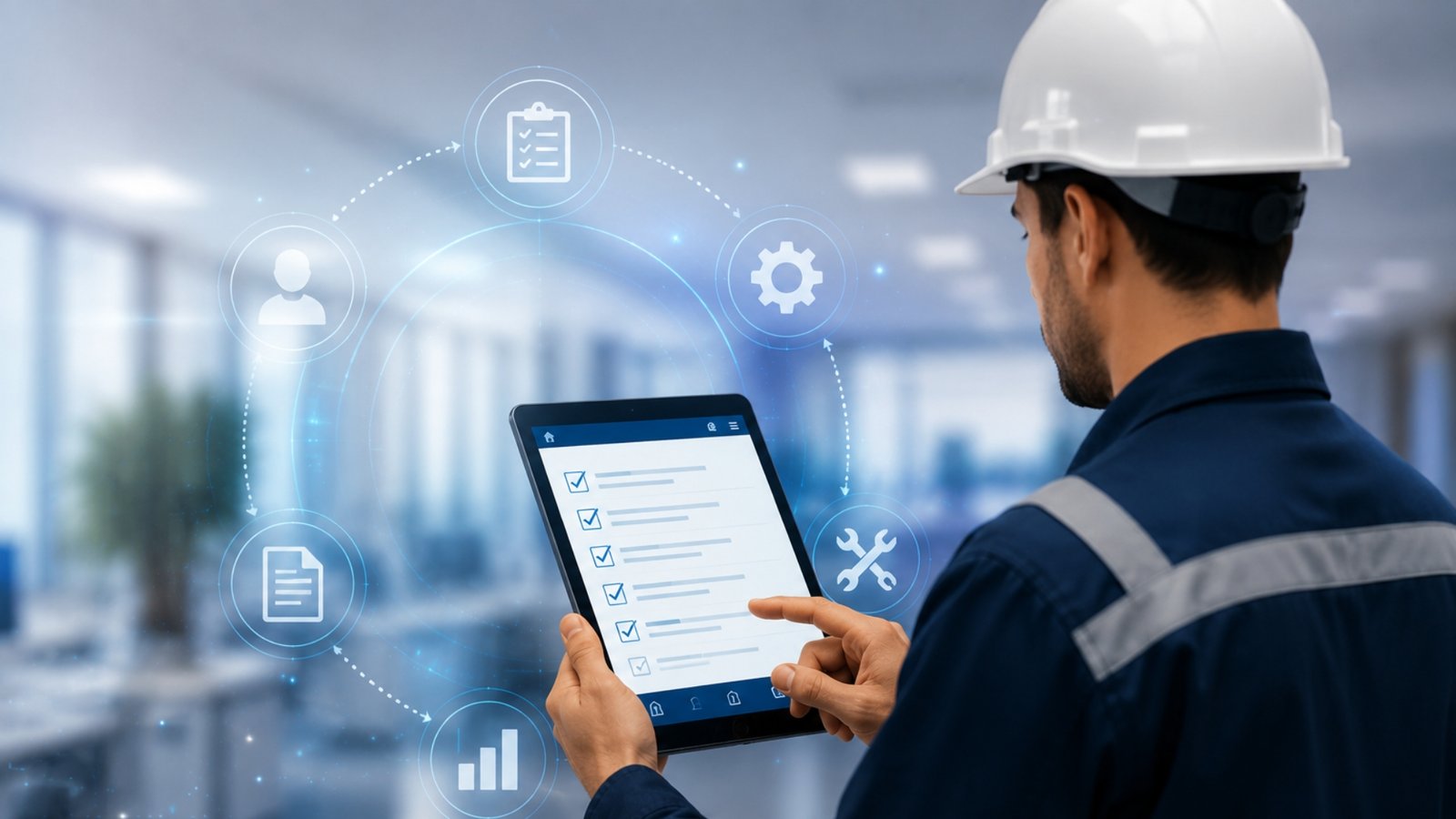 Técnico utilizando Work&Track Mobile para digitalizar el mantenimiento preventivo mediante formularios digitales y procesos guiados.